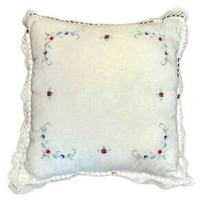 Decorative Throw Pillow Cottage Core Floral Cross Stitch Embroidery Crochet Edge